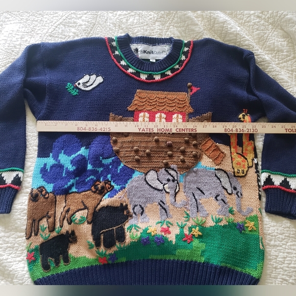 Vintage IsKnitCute! Hand Knit Noah’s Ark Sweater Embroidered Size 2 = Large - Picture 4 of 5